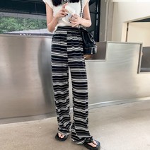 핫메이드 통바지 흑백 스트라이프 캐주얼 와이드 팬츠 여 여름 얇은 아이스 슬랙스