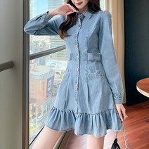 넷투넷코리아 여성 데님 미니원피스 긴팔 데일리 A라인 프릴 하객룩