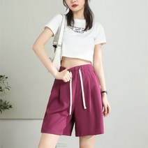SURBORT 겨자 녹색 양복 5 부 바지 여자 여름 옷 얇은 끈 느슨한 허리 끈 캐주얼 스트레이트 반바지 헐렁헐렁한 와이드 팬츠