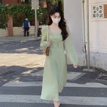 Sevalo 2023 초봄 여성 얇은 연두 긴팔 원피스 롱 하이웨이스트 A라인 스커트 부드러운 스타일