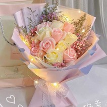 드라이플라워 비누꽃 시들지않는 꽃다발 생일 추석, 우유 백색 분말 2색 장미+아기의 숨결