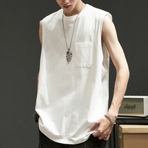 여름 빅사이즈 루즈핏 오버핏 포켓 베스트 라운드넥 헬스 나시 캐주얼 민소매 티셔츠 남성 남자