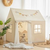 플레이텐트 놀이방 놀이텐트 집 하우스 아이방 꾸미기, 대형 베이지-PVC폴+패드+플래그+커튼