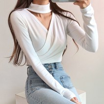 인생샷보장 브이넥 초커 슬림 긴팔 랩 티셔츠