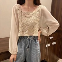초가을 화이트 레이스 블라우스 여초선 슬림 숏 크롭 퍼프 긴팔 상의