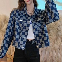사각 체크 패턴 여성 청자켓 짧은 데님 봄자켓 체크무늬 점퍼 숏점퍼 봄패션 코디 캐주얼