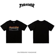 Thrasher T-shirt 트레셔 플레임 로고 여름철 순면 반팔 검누렇다 불길-검정색