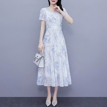 잇츠스타일 여성 브이넥 반팔 하늘색 푸른 꽃무늬 데일리 쉬폰 롱원피스