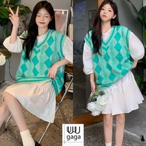 유유가가 여성 감미로운 민트색 라인 자수 크루 브이넥 니트 조끼 & 폴넥 셔츠