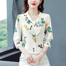 빅사이즈 엄마 셔츠 플라워 프린팅 브이넥 7부 블라우스