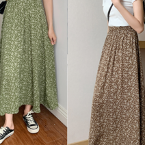 톤다운 쉬폰 주름 플리츠 플라워 잔잔꽃무늬 A라인 허리밴딩 여성 스커트 - 사은품 마스크 증정