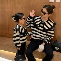 봄 가을 모녀 스트라이프 맨투맨 엄마랑 딸 인형 칼라 티셔츠 커플룩