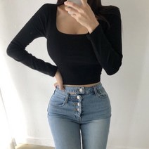 글램핏 / 1+1 베이직 기본 스퀘어넥 크롭 긴팔 티셔츠 6컬러