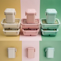 밀프랩 도시락 직장인 다이어트 보온용기 밀짚 런치박스 집들이선물 식단조절 도시락통, 베이지, set직사각+정사각+스프