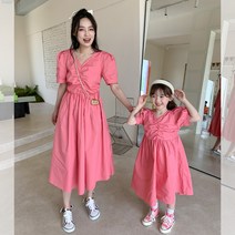 엄마랑 딸 맘커플 봄 여름 모녀 여아 키즈 아동 커플룩 반팔 브이넥 퍼프 원피스 등하원룩