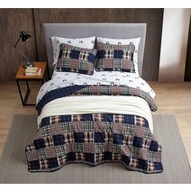 Eddie Bauer - 킹 퀼트 세트 면 양면 침구 세트 사계절용 롯지 홈 데코 (마드로나 네이비/레드 킹), Madrona Navy/Red