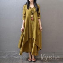 [Myshe]여성 롱 린넨 원피스 빅사이즈 루즈핏 원피스 Qi811TingCQ01