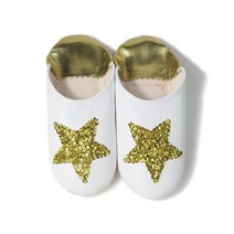 [cocomorocco] 무취 가죽 바부슈 슬리퍼(스타 스팽글) 모로코실내 룸 슈즈 (화이트×골드 measurement23point0centimeters)