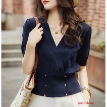 puildaug 이한 파빌리온 여성 기질 탑 랩 칼라 재킷 니트 짧은 소매 셔츠