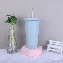 500ml 스테인리스강 빨대컵 더블 진공커피컵 304 보온컵 차량용 물컵 버블티 덮개 콜드컵 보온 보냉 커피 텀블러, 연한 남색