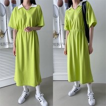 [쉬즈미] (OPS-749)배색 카라 스트링 셔링 롱 원피스 반팔 여름 (8489843)