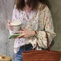 당일배송 봄 쉬폰블라우스 브이넥 플라워 잔꽃 꽃무늬블라우스 루즈핏 셔츠 (화이트 블랙)