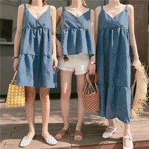 뷔스티에 롱원피스 우정 트윈 시밀러룩 캉캉 루즈핏 바캉스 비치 여행 연청 데님