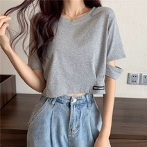 SURBORT 여름 크롭 크롭 루즈 라운드넥 티셔츠 탑