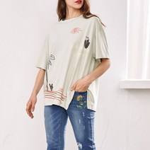 써스데이아일랜드 여성 반팔 티셔츠 라운드 순면 와이드 그래픽 캐주얼 데일리