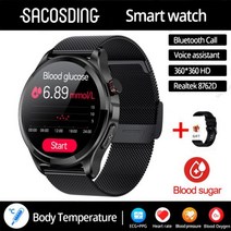 다이빙컴퓨터 2023 ECG + PPG 건강 비침습 혈당 스마트 워치 남성용 블루투스 통화 360*360 HD 스크린 스포츠 심박수 스마트워치, Mesh belt black