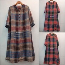 영앤클래시 77사이즈 체크 린넨 원피스 7부 여름 60대 원피스 올리졸리SMR35