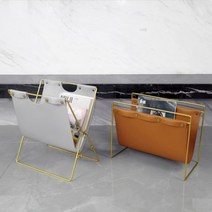 잡지꽂이 매거진랙 북유럽풍 가죽 철제 북선반, 블랙 스퀘어 브라운 가죽