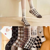 워더미 겨울 도톰 기모 베이지 브라운 큐티 베어 중목 양말 5켤레 W701