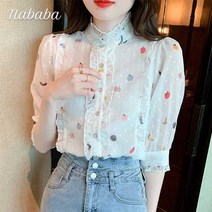 나바바 NB750 여성 새콤달콤 과일패턴 레이스 차이나넥 블라우스