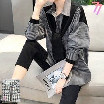 77우먼스 여성 스카프셔츠 빅사이즈 루즈핏 상의 스트라이프 카라 포켓 일자 캐주얼 데이트룩 데일리룩 이월 이월상품 스카프 셔츠 [리현커머스]