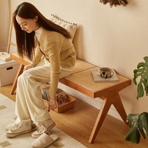 빈티지 등나무 실내 벤치 라탄스툴 인테리어 사각 원목 식탁의자 보조의자, 호두색 (3인용)