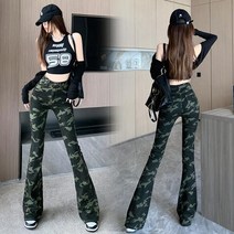 라오농 밀리터리 스판 카모 플레어 팬츠 여 빈티지 카고 데님 바지 슬랙스+d2508LL