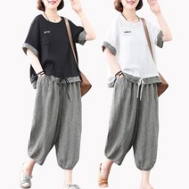 JUSTFEELING 루즈핏 빅사이즈 린넨 반팔 티셔츠 + 면마바지 팬츠 4050대 편안하게 간절이 캐주얼 상하투피스