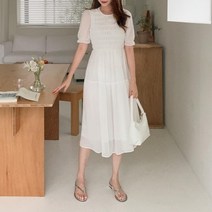 다잇템 [다잇템] 여자 티어드 비침 반소매 롱 SS 고무줄 원피스