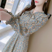 가을 시폰 원피스 프릴 꽃치마 긴 소매 레저 리본넥 롱원피스