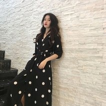 SAMARA 여자 봄 여름 V넥 쉬폰 5부 소매 도트 롱 원피스