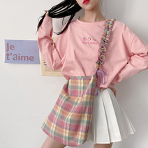 핑크 파스텔 체크 무늬 학생 가방 에코백