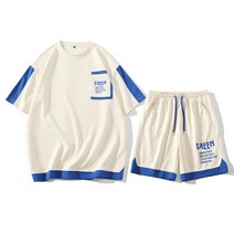 2023 여름 새로운 와플 반팔 반바지 남성 의류 유행 느슨한 청소년 티셔츠 스포츠 정장 세트