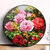 부귀영화를 상징하는 목단꽃 원형 보석십자수 화려하고 고운 모란꽃 비즈그림, 90x90cm