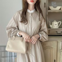 최대 30 OFF 쿠폰 대상 MILY BILET 무료우송 원피스 여성용 복고풍 배색 구성표 클레릭 멀티 스트라이프 셔츠 롱 길이 밴드 칼라 맥시 미안눈 캐주얼 스타일 업 대형 봄
