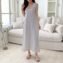 [파인스토리]유라인넥 민소매 스트라이프 단가라 롱롱 데일리 원피스