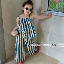 여누키즈 키즈 주니어 여아 프릴 줄무늬 나시 블라우스+줄무늬 와이드 팬츠 세트 110~140 상하의 2종 세트 투피스