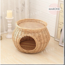 Makone 상표등록 강아지 고양이 숨숨집 라탄하우스, 커피색(쿠션)