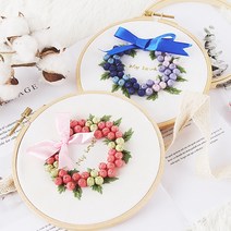 자수의온도 프랑스자수패키지 DIY 꽃방울 리스 핑크-고급 원목 자수틀 16.5cm, 1개