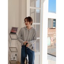 CANDY CHOIN 후드 스트링 흑백 스트라이프 티셔츠
